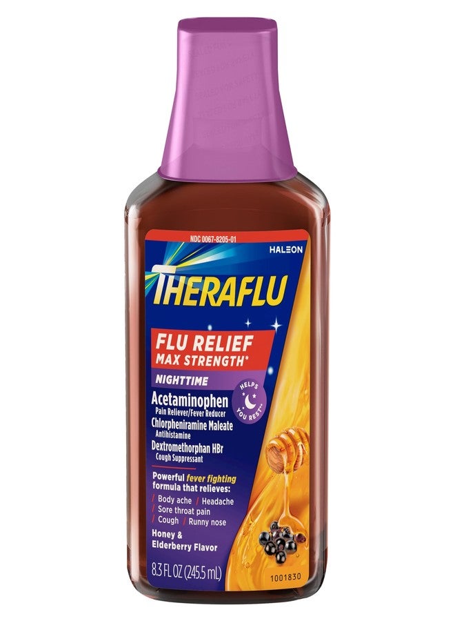 Theraflu Max Strength Nighttime Flu Medicine for Flu Symptom Relief with Acetaminophen, Dextromethorphan HBr and Chlorpheniramine Maleate, Honey and Elderberry Flavored - 8.3 fl oz Syrup - Image 1